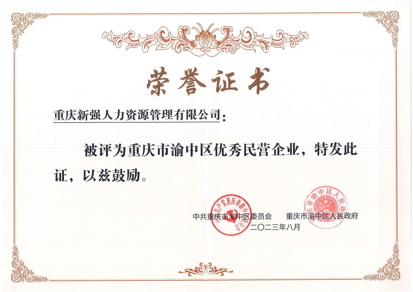 新强优秀民营企业荣誉证书